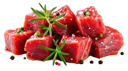 Cubed Raw Beef: A close-up shot highlights the vibrant red cubes of raw beef, speckled with peppercorns, salt crystals, and fresh rosemary sprigs, an invitation to a culinary creation.