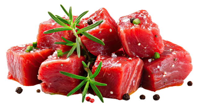 Cubed Raw Beef: A close-up shot highlights the vibrant red cubes of raw beef, speckled with peppercorns, salt crystals, and fresh rosemary sprigs, an invitation to a culinary creation.