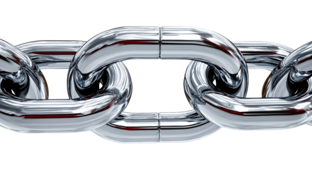 Interconnected Steel: Close-up of a robust steel chain, showcasing its strength and seamless links. A symbol of unity and unbreakable connections in a stark, clean aesthetic