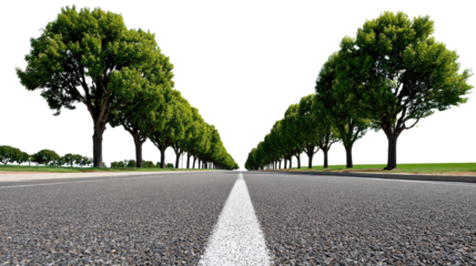 Open Road with Green Trees: A symmetrical view of a long road, lined with a row of flourishing green trees, inviting you towards a journey, a symbol of forward motion.