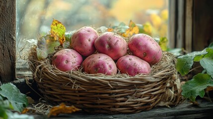Pink potatoes nestle in a straw basket by a window, autumn leaves scattered around