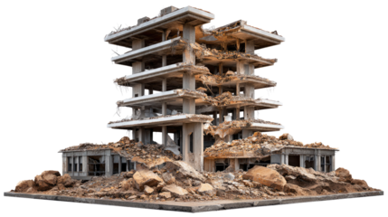 Ruined Building in the aftermath: The skeletal remains of a once-grand building stand in ruin, showcasing structural devastation and crumbling concrete. The scene evokes a sense of loss.