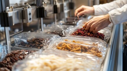 Factory worker packing dried fruit in plastic bags; modern food processing line