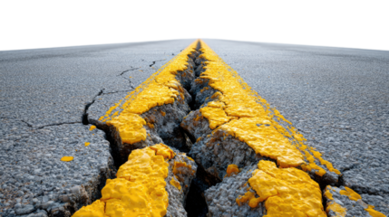 Cracked Highway: A high-angle shot of a cracked highway, conveying a sense of damage and potential disaster, with a vibrant yellow central line marking the path ahead.
