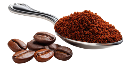 Aromatic Coffee Delights: A spoon laden with rich, instant coffee crystals, complemented by a cluster of whole coffee beans, inviting a sensory exploration into the heart of the beverage's appeal. 