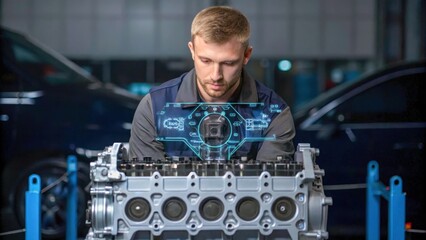 Innovative technician engaged vocational training, analyzing car engine with augmented reality technology for enhanced learning and skill