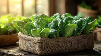Fresh, vibrant green bok choy in a rustic burlap basket, bathed in sunlight, sits on a wooden surface near a window