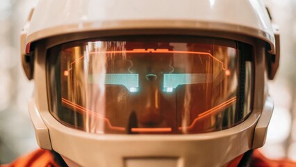 Futuristic helmet with visor displaying digital elements reflects innovation and technology in vocational training