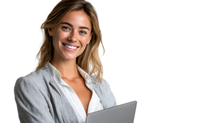 Confident Woman at Work: A poised businesswoman confidently poses, holding a laptop, her smile radiating assurance and professionalism.