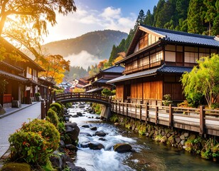 Obraz premium Autumn Japanese village by a stream
