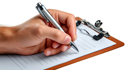 Meticulous Execution: A hand delicately grips a silver pen, poised to inscribe thoughts onto a crisp sheet of paper nestled within a functional clipboard. Evoking a sense of focused.