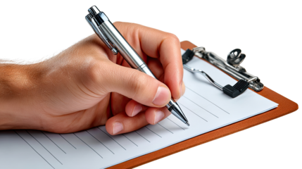 Meticulous Execution: A hand delicately grips a silver pen, poised to inscribe thoughts onto a crisp sheet of paper nestled within a functional clipboard. Evoking a sense of focused.