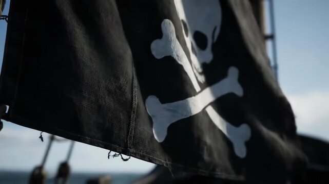  Jolly roger pirate flag waving on a ship. Realistic Pirate flag waving in the wind, sky and sun background
