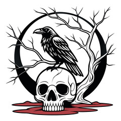 Obraz premium Raven rests upon a skull with a tree and circle in the background