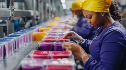 Naklejka premium Factory workers sorting colored powders on conveyor belt