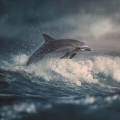 Majestic dolphin leaps powerfully from a stormy ocean wave, showcasing its grace and freedom.