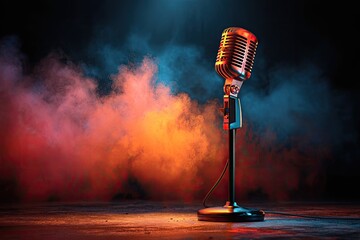 Vintage microphone on stage, dramatic lighting