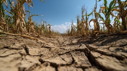 A cornfield shows signs of severe drought, with dry, cracked soil visible between stunted plants. The sun shines brightly in a clear blue sky, signaling dry weather conditions.