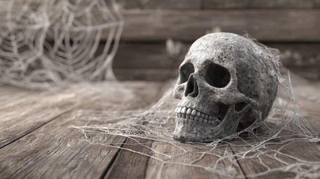 A detailed skull rests on rustic wooden planks, enshrouded in delicate spider webs, evoking a chilling Halloween vibe. The scene captures the essence of spooky decorations.