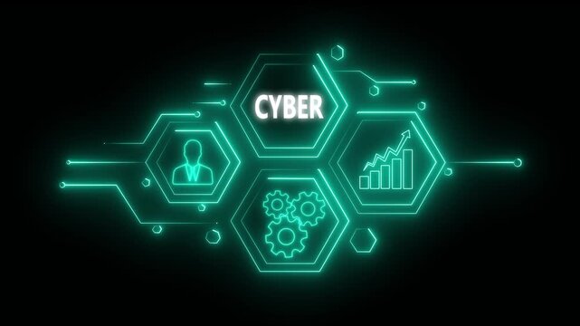 Abstract neon Hud knowledge ability business gear icon Glowing neon line concept. Glowing " CYBER " button in German on a futuristic, abstract wave technology on black background. 4K video 