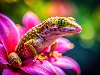 Obraz premium Pink flower gecko: a macro study of nature's exquisite detail. Reptile, floral, exotic beauty.