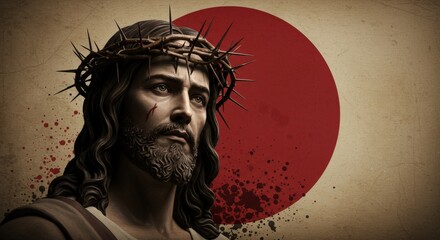 Fototapeta premium Religious Jesus Christ Portrait with Crown of Thorns and Red Circle Background