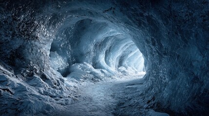 A mesmerizing ice cave with glistening blue walls, creating an enchanting pathway leading into a serene, illuminated space.