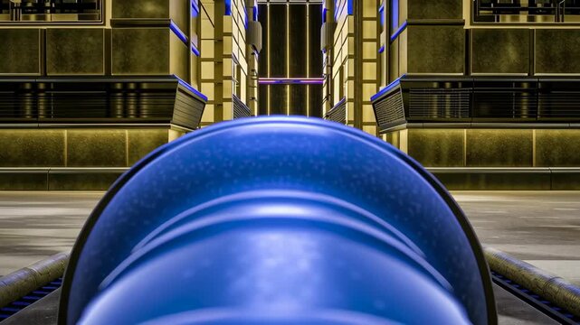 Vibrant blue pipe navigates through futuristic corridor adorned with golden walls and illuminated accents, showcasing innovative vocational training