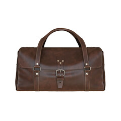 Vintage leather duffel bag on white background.