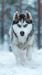 A majestic Siberian Husky runs through a snowy landscape, showcasing its striking blue eyes and thick fur, embodying strength and beauty in nature.