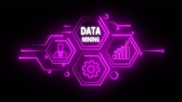 Abstract neon Hud knowledge ability business gear icon Glowing neon line concept. Glowing " DATA MINING " button in German on a futuristic, abstract wave technology on black background. 4K video 