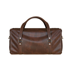Vintage leather duffel bag on white background.