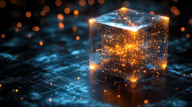 Glowing cube on a textured dark surface with bokeh lights in background.