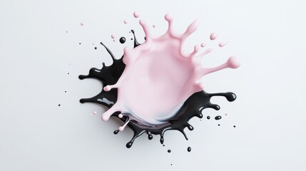 Vibrant splash of pink and black paint creates eye catching visual effect, showcasing dynamic interaction between colors. fluid motion captures sense of creativity and artistic expression