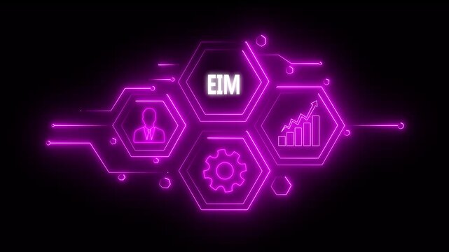 Abstract neon Hud knowledge ability business gear icon Glowing neon line concept. Glowing " EIM " button in German on a futuristic, abstract wave technology on black background. 4K video 