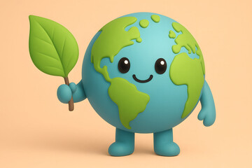 Planeta Tierra caricaturesco con hoja verde sonriente