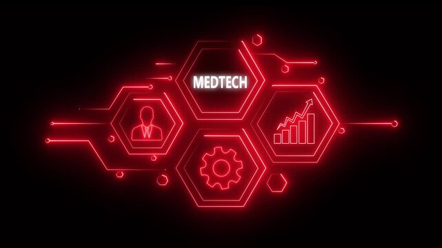 Abstract neon Hud knowledge ability business gear icon Glowing neon line concept. Glowing " MEDTECH " button in German on a futuristic, abstract wave technology on black background. 4K video 