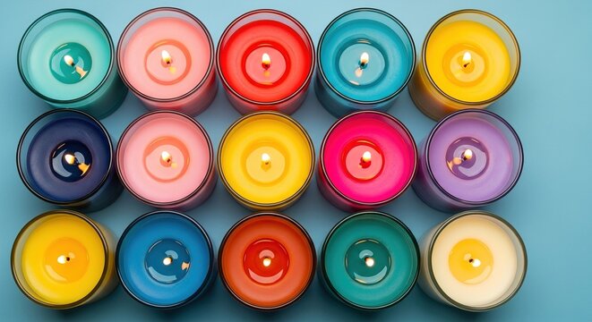Assortment of colorful candles in glass holders creating a vibrant display of light
