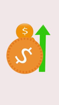 Green color up arrow financial indicating growth. Animated coin symbol and rising arrow representing financial growth. A green arrow and a dollar coin repressing business success animation.