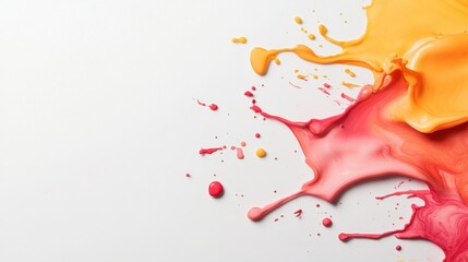 Colorful splashes of orange, pink, and red paint create vibrant and dynamic composition on white background, evoking creativity and artistic expression
