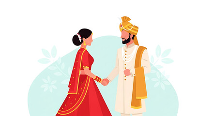An Indian bride and groom in traditional wedding attire hold hands, symbolizing their union and commitment.