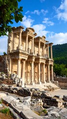 Ancient ruins of a grand building under a bright sky