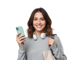 Smiling young woman posing with a phone against an isolated transparent background