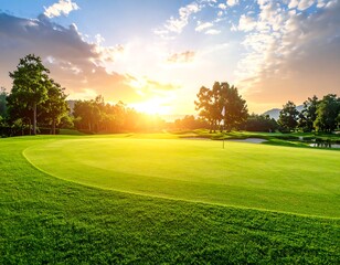 Sunset over a lush green golf course putting green
