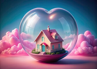 Pink house nestled within a heart-shaped glass globe, seen from above, a romantic Valentine's scene.