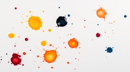 Colorful paint splashes create vibrant and dynamic composition white background, showcasing variety of hues including yellow, orange, red, blue, and black. energetic arrangement evokes creativity