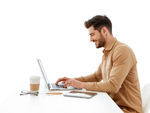Smiling professional working remotely with laptop on desk against isolated background