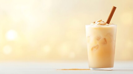 Creamy frothy beverage with cinnamon stick and whipped cream