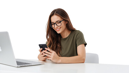 Smiling woman using a smartphone with a laptop on a white desk isolated background