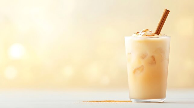 Creamy frothy beverage with cinnamon stick and whipped cream